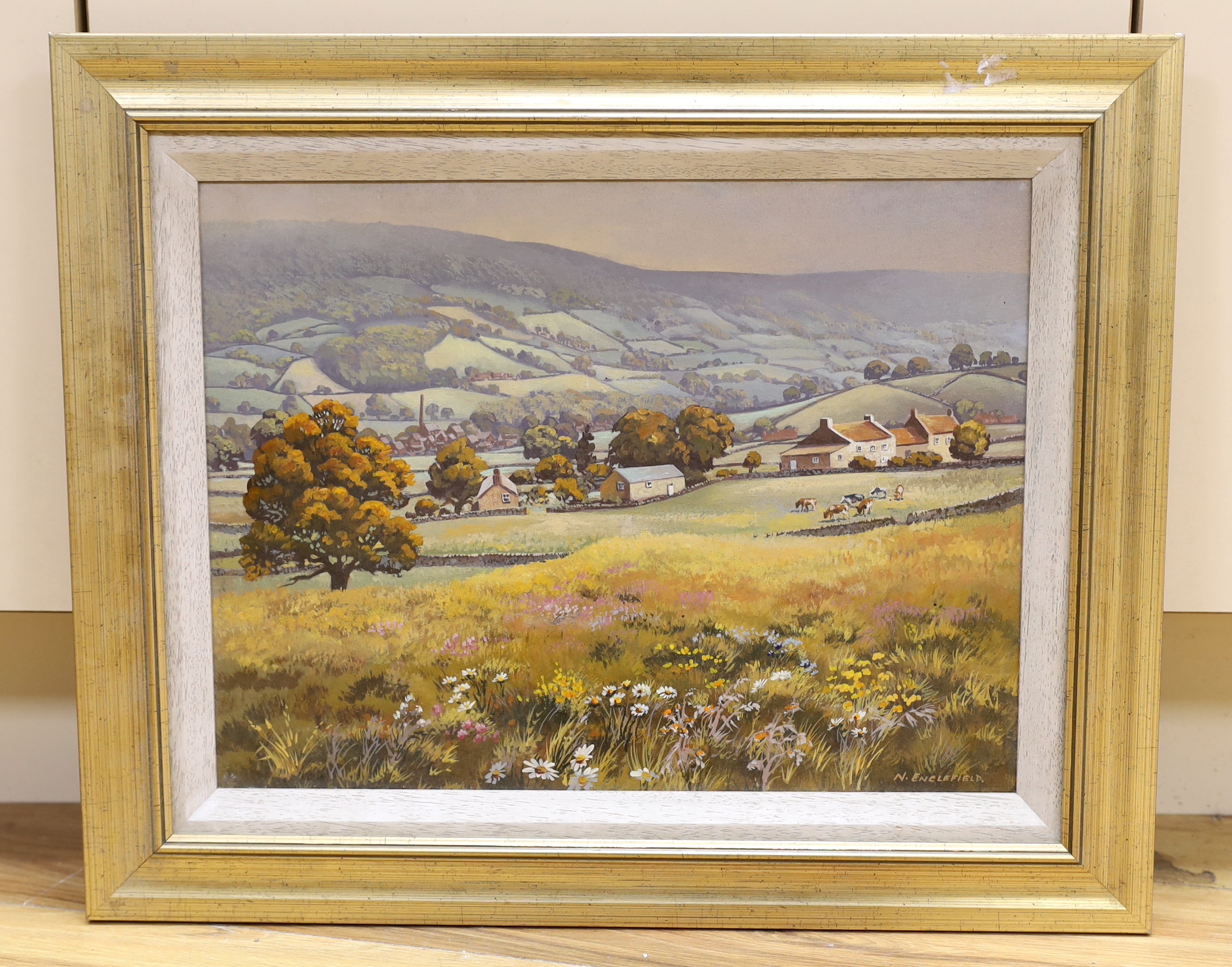 N. Englefield (20th. C), oil on canvas, Panoramic landscape with cattle and farm buildings, signed, 29 x 39cm